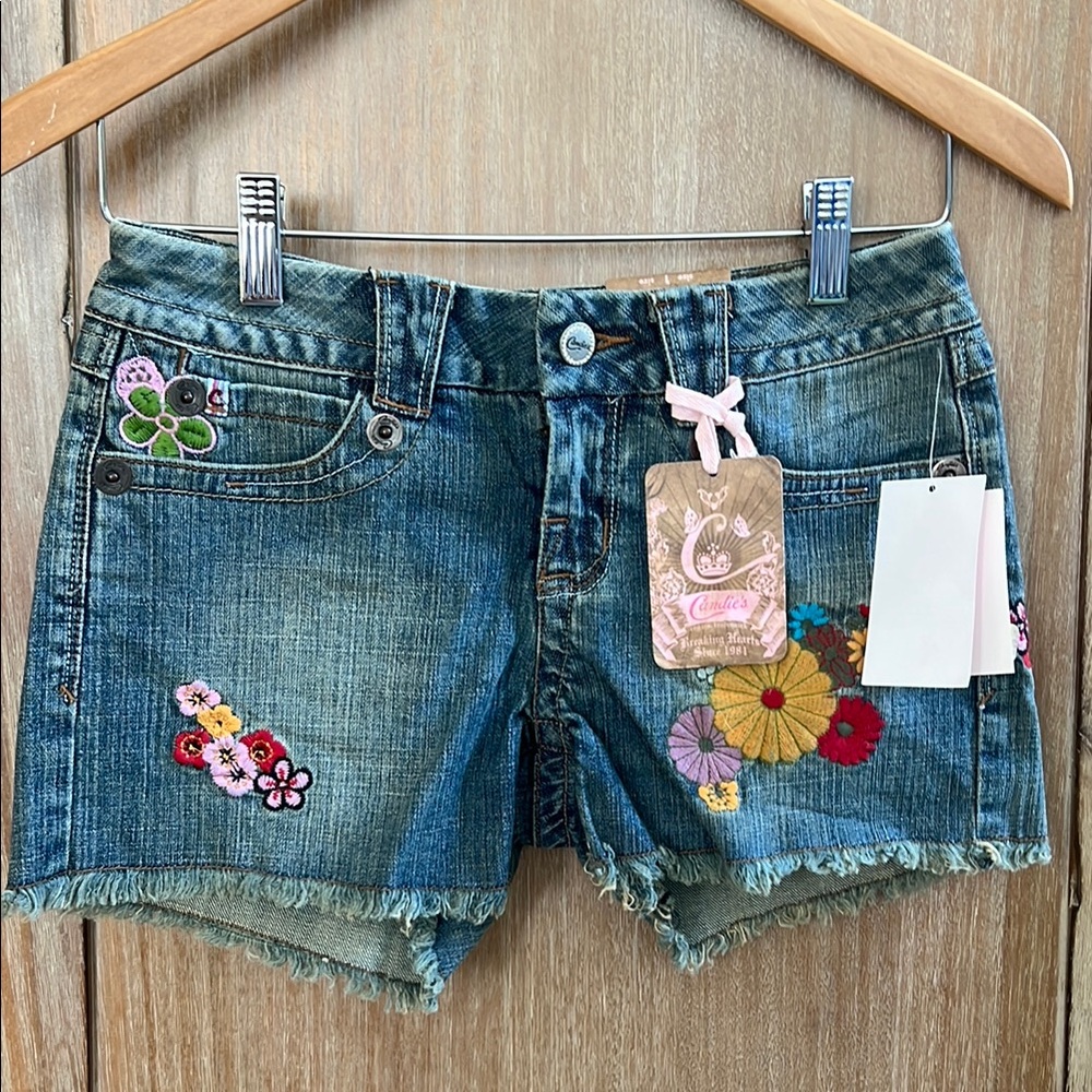 Candie's Floral Embroidered Denim Shorts - Blue